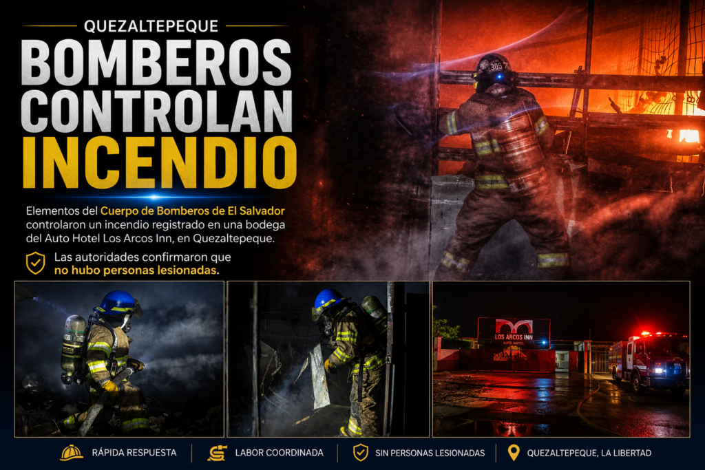Bomberos trabajan para controlar un incendio en una bodega del Auto Hotel Los Arcos Inn en Quezaltepeque.