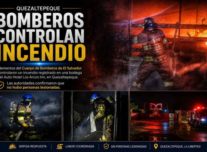 Bomberos trabajan para controlar un incendio en una bodega del Auto Hotel Los Arcos Inn en Quezaltepeque.