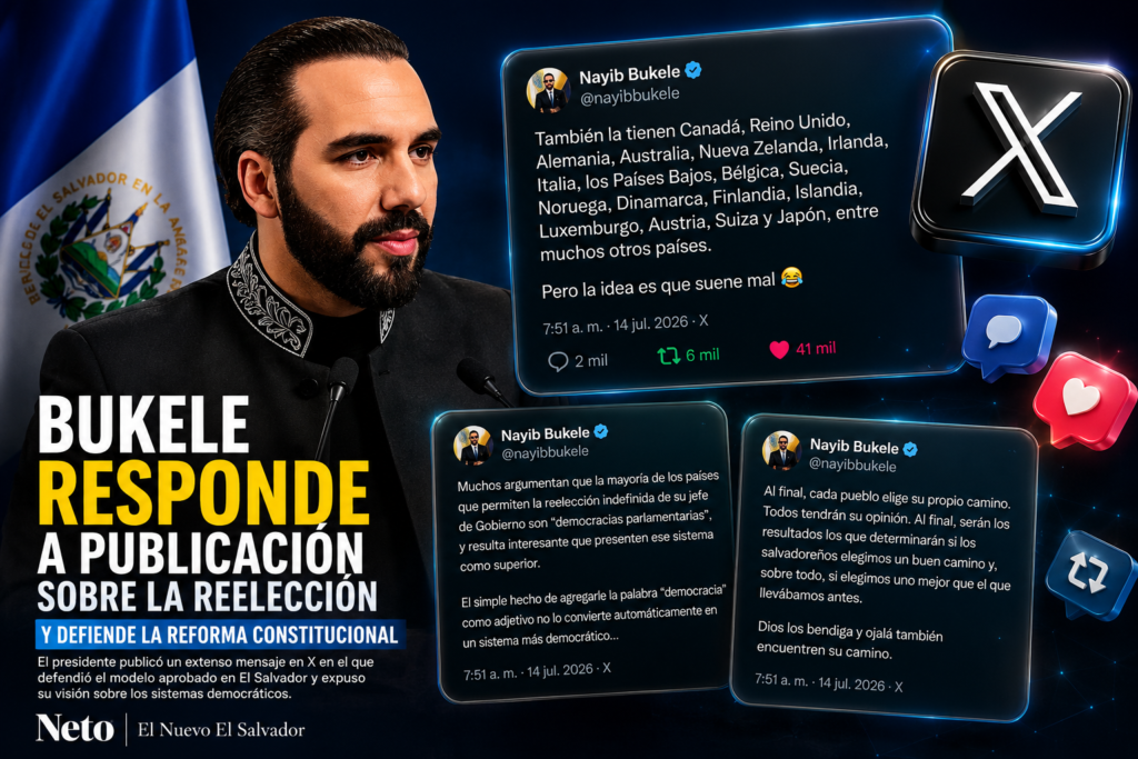 El presidente Nayib Bukele responde a una publicación sobre la reelección y defiende la reforma constitucional en un mensaje publicado en X.