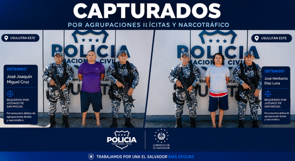 La PNC captura a dos hombres requeridos por delitos de agrupaciones ilícitas y narcotráfico en Usulután Este.