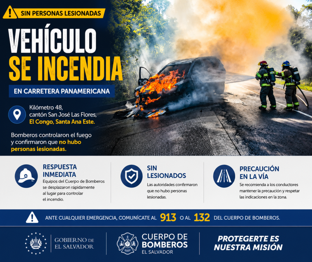 Incendio vehicular en El Congo atendido por el Cuerpo de Bomberos sobre la carretera Panamericana.
