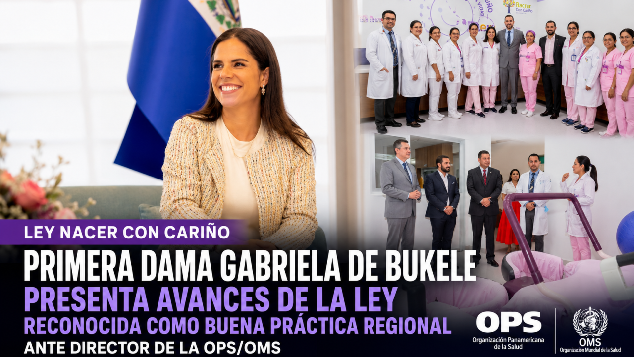 Gabriela de Bukele presenta los avances de la Ley Nacer con Cariño durante una reunión con autoridades de la OPS.