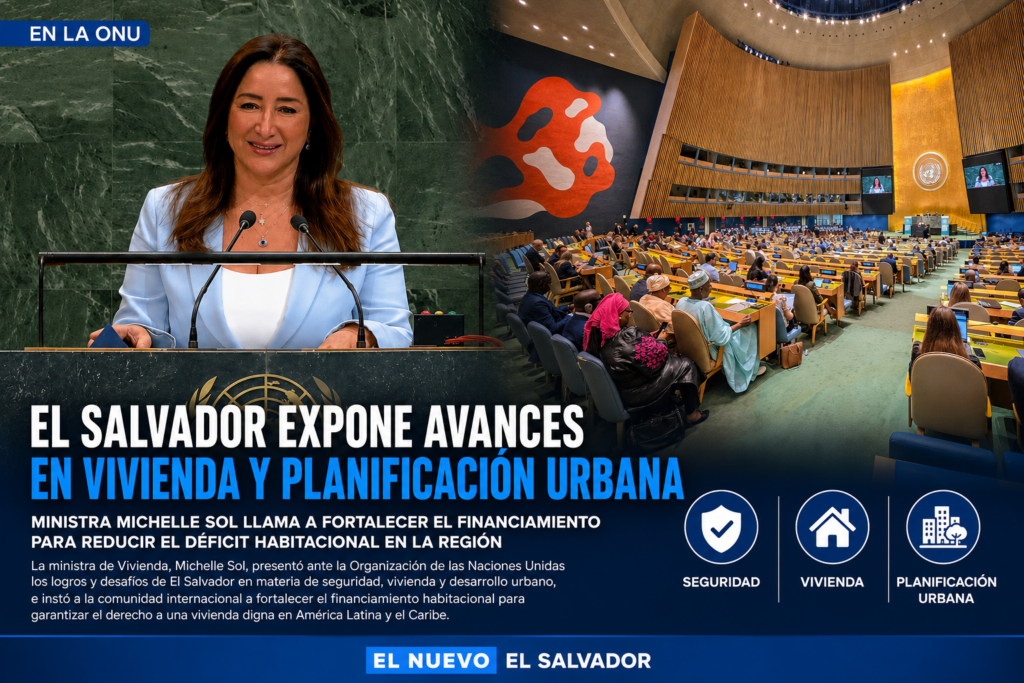 La ministra de Vivienda, Michelle Sol, durante su intervención en la ONU sobre vivienda, desarrollo urbano y financiamiento habitacional en El Salvador.