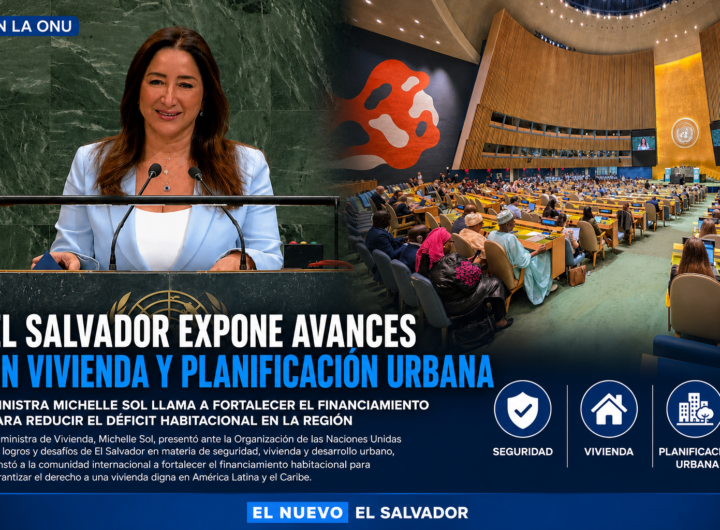 La ministra de Vivienda, Michelle Sol, durante su intervención en la ONU sobre vivienda, desarrollo urbano y financiamiento habitacional en El Salvador.