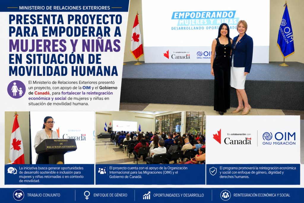 Autoridades durante el lanzamiento del proyecto sobre movilidad humana y reintegración de mujeres y niñas en El Salvador.