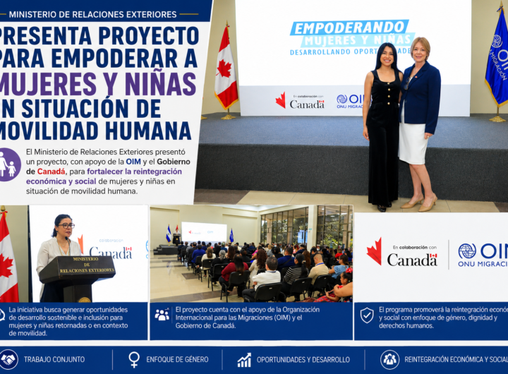 Autoridades durante el lanzamiento del proyecto sobre movilidad humana y reintegración de mujeres y niñas en El Salvador.