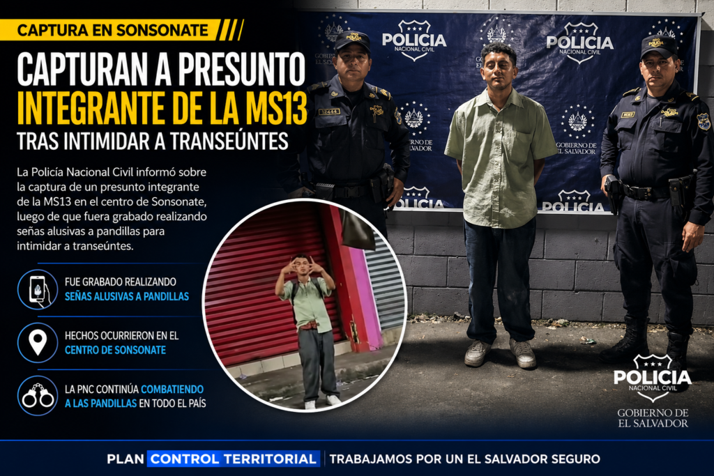 Captura de un presunto integrante de la MS13 en el centro de Sonsonate durante un operativo de la PNC y la Fuerza Armada.