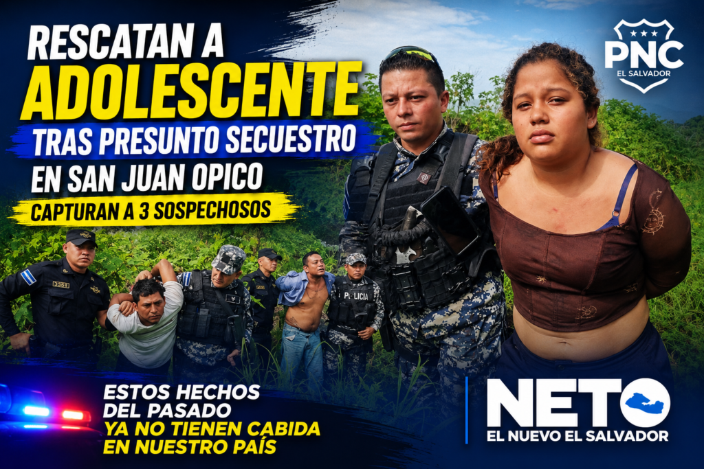Agentes de la PNC capturan a tres sospechosos tras rescatar a una adolescente de 15 años en San Juan Opico.