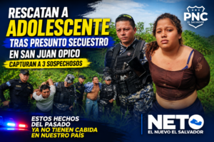 Agentes de la PNC capturan a tres sospechosos tras rescatar a una adolescente de 15 años en San Juan Opico.