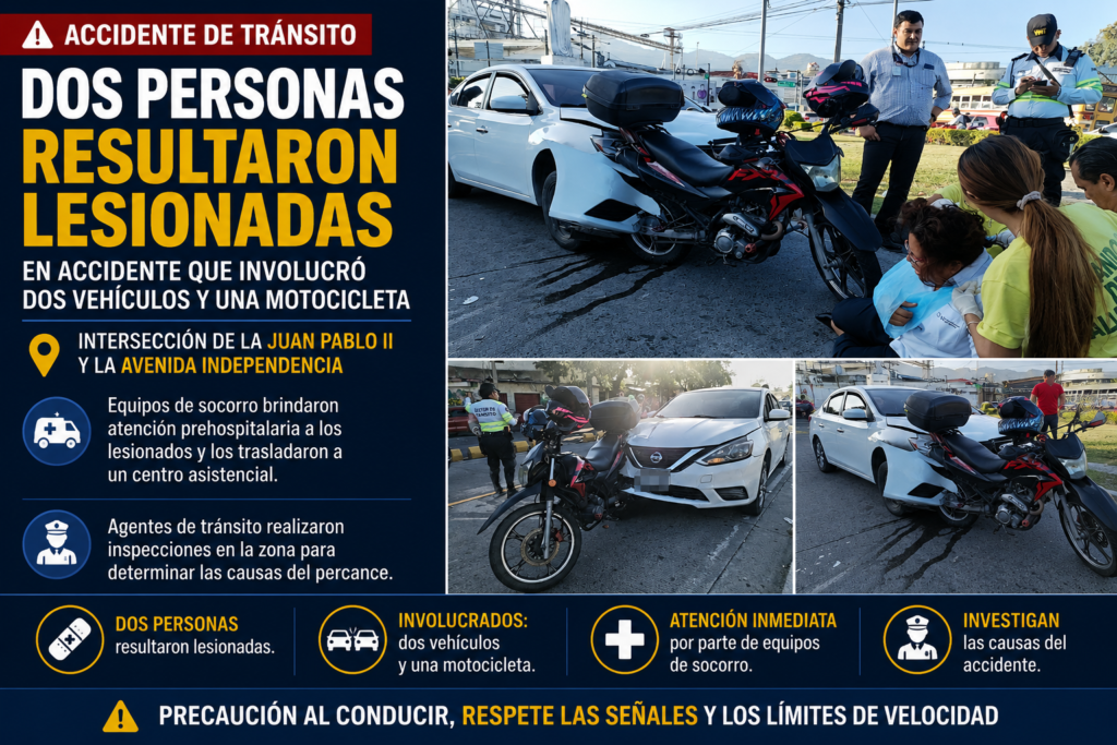 Accidente de tránsito entre dos vehículos y una motocicleta en Juan Pablo II