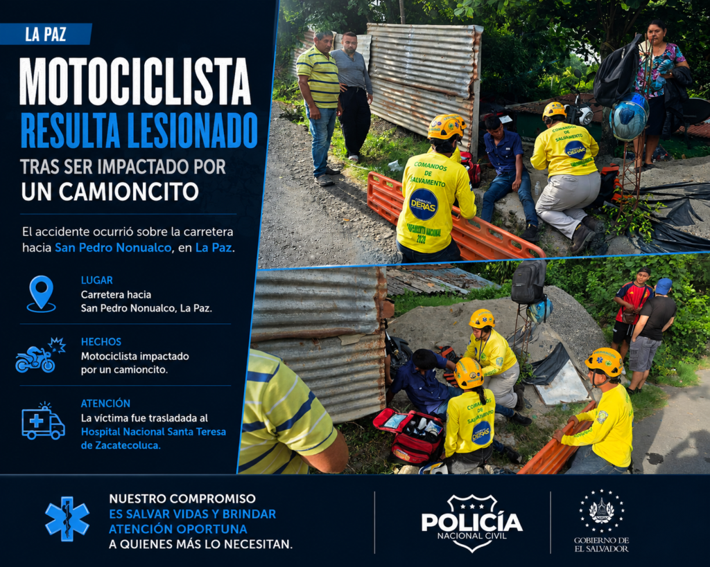 Socorristas atienden a un motociclista lesionado tras un accidente de tránsito en San Pedro Nonualco.