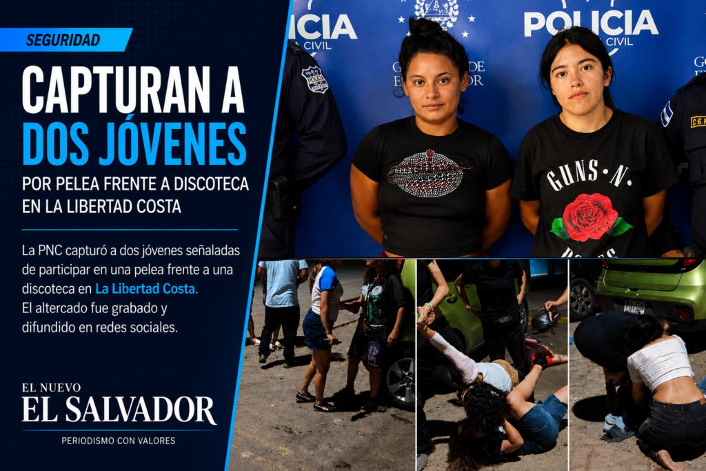 Agentes de la PNC capturan a dos jóvenes tras una pelea frente a una discoteca en La Libertad Costa.