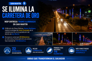 Carretera de Oro iluminada con los colores de la bandera de El Salvador en San Martín