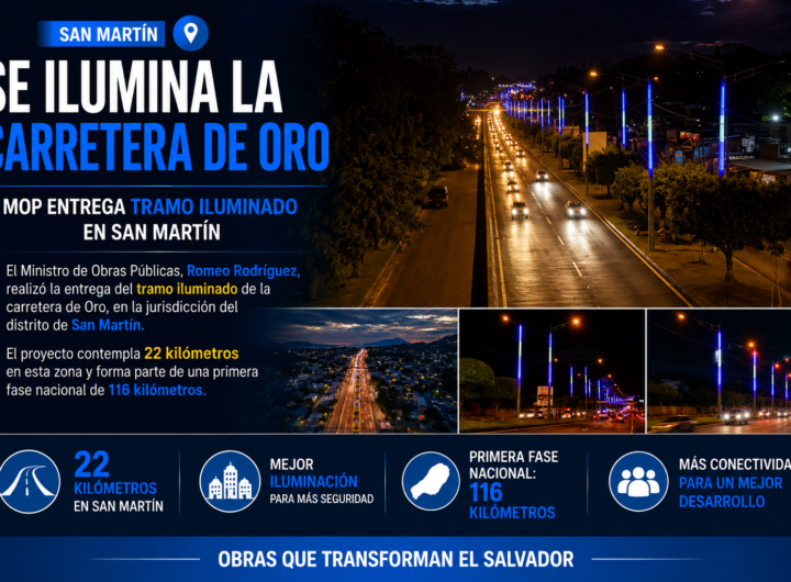 Carretera de Oro iluminada con los colores de la bandera de El Salvador en San Martín