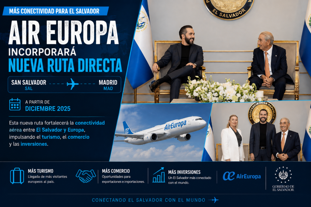 Firma del convenio para la nueva ruta directa de Air Europa entre San Salvador y Madrid.