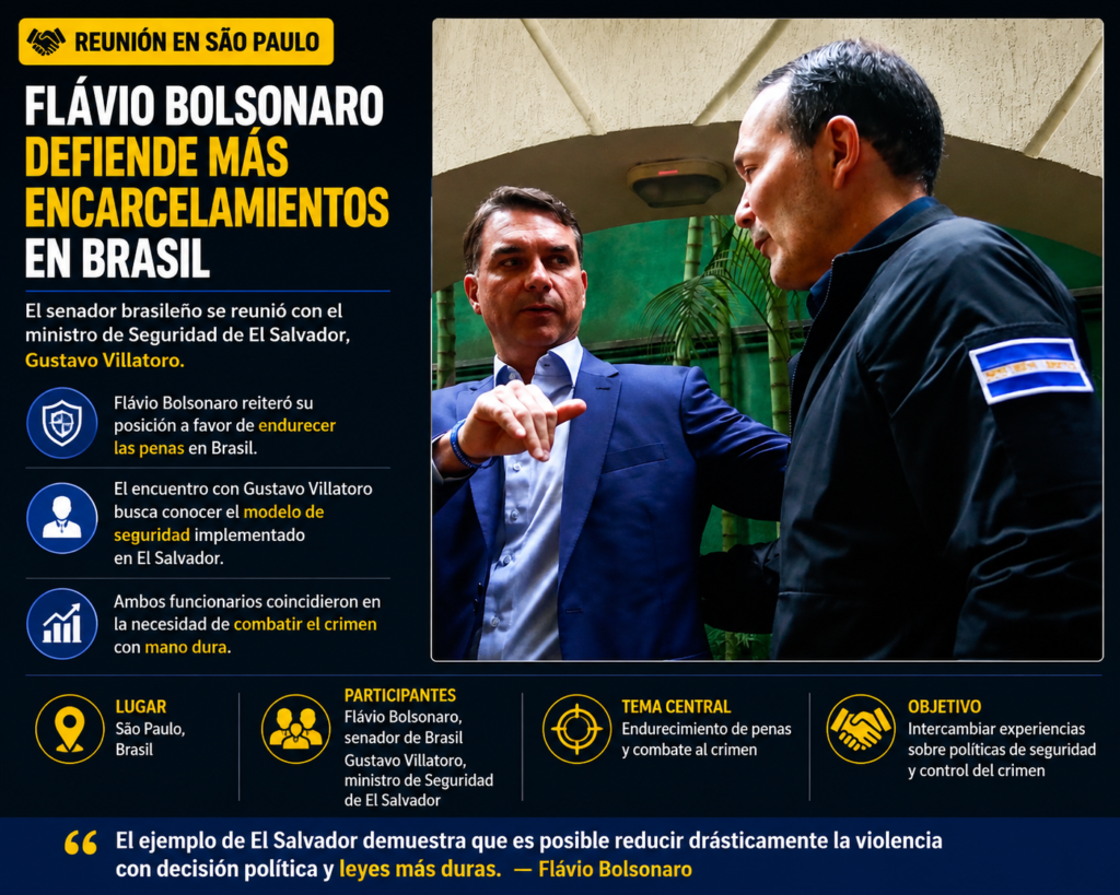 Flávio Bolsonaro y Gustavo Villatoro durante reunión sobre seguridad en Brasil