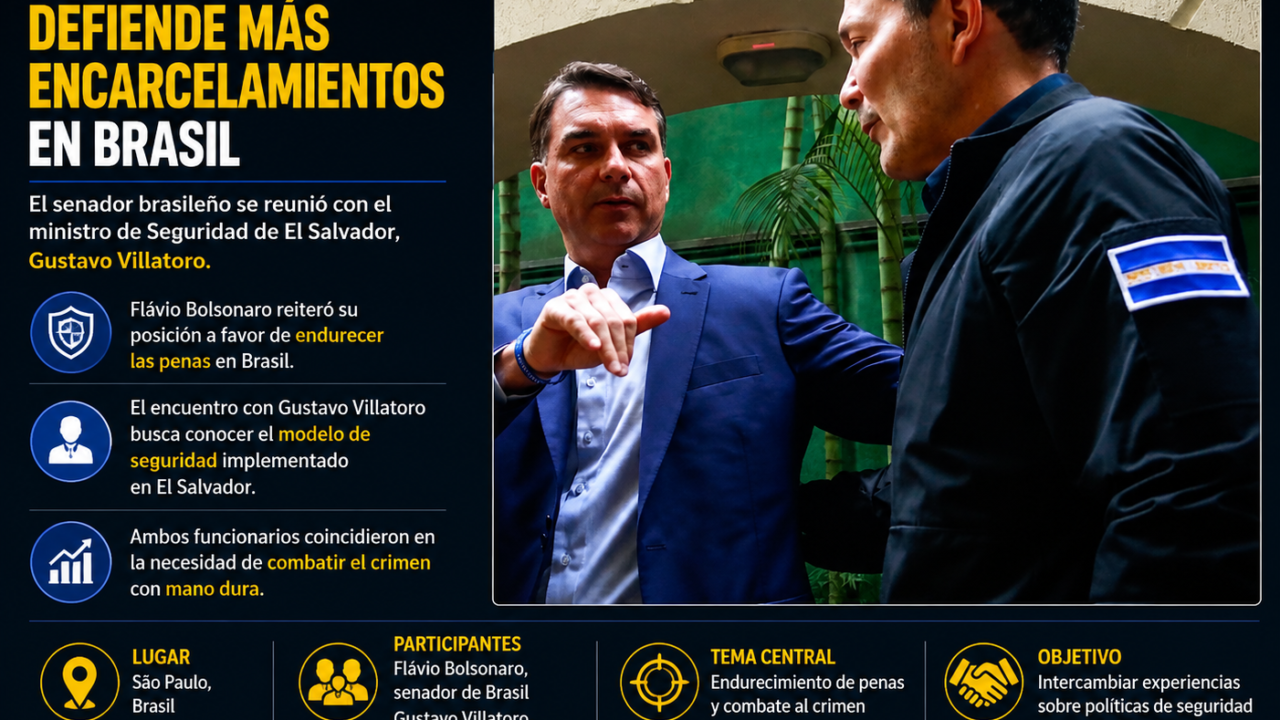 Flávio Bolsonaro y Gustavo Villatoro durante reunión sobre seguridad en Brasil