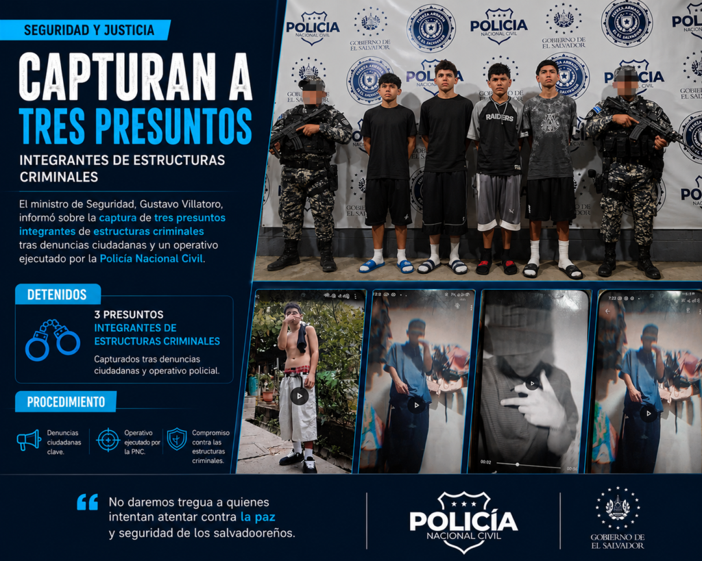 Gustavo Villatoro informa sobre la captura de tres presuntos pandilleros tras un operativo de la PNC.