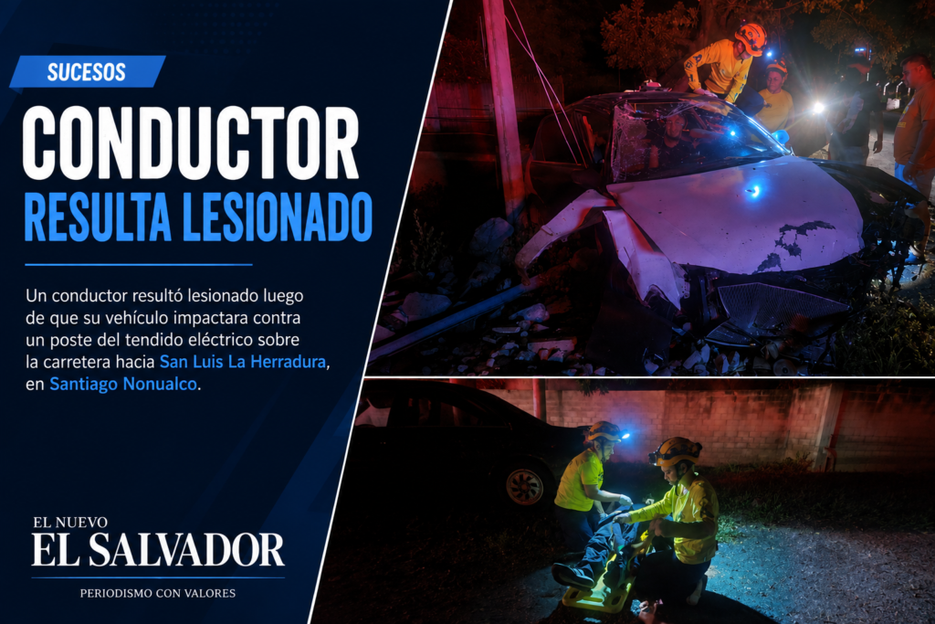 Accidente de tránsito en Santiago Nonualco donde un vehículo impactó contra un poste del tendido eléctrico.