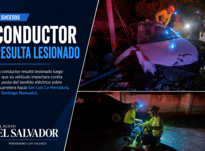 Accidente de tránsito en Santiago Nonualco donde un vehículo impactó contra un poste del tendido eléctrico.