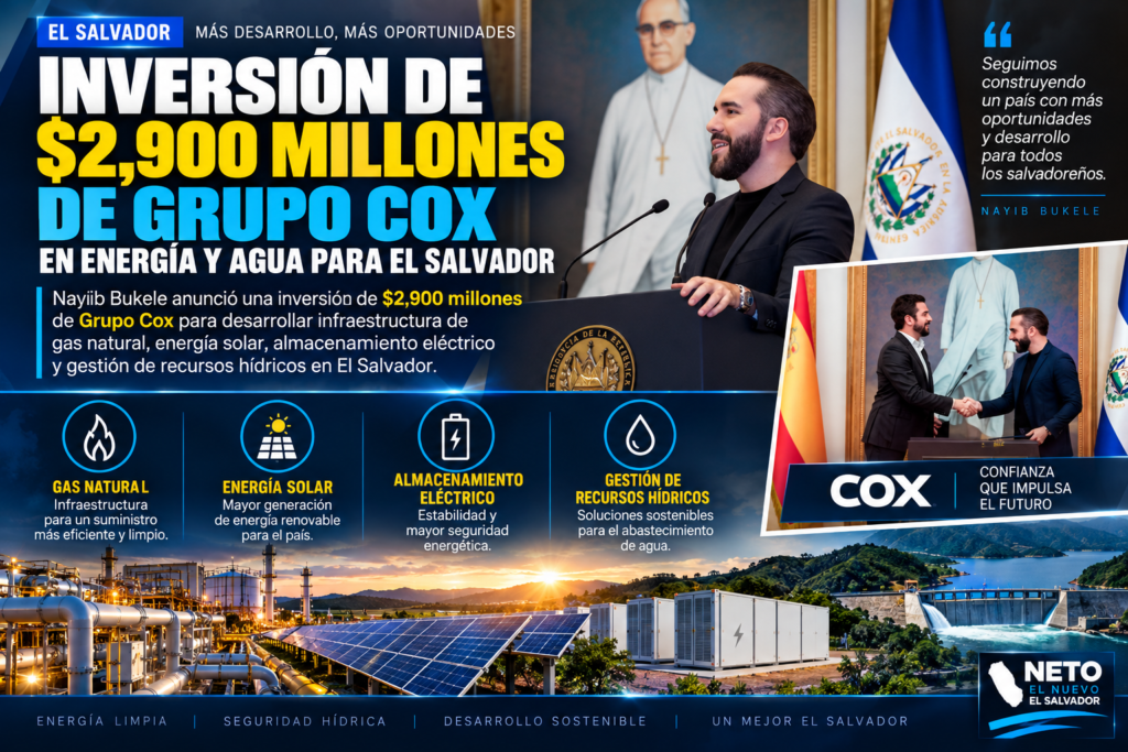 Nayib Bukele anuncia inversión de $2,900 millones de Grupo Cox en infraestructura energética e hídrica en El Salvador