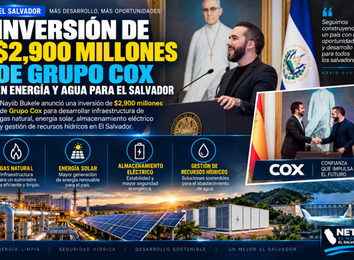 Nayib Bukele anuncia inversión de $2,900 millones de Grupo Cox en infraestructura energética e hídrica en El Salvador