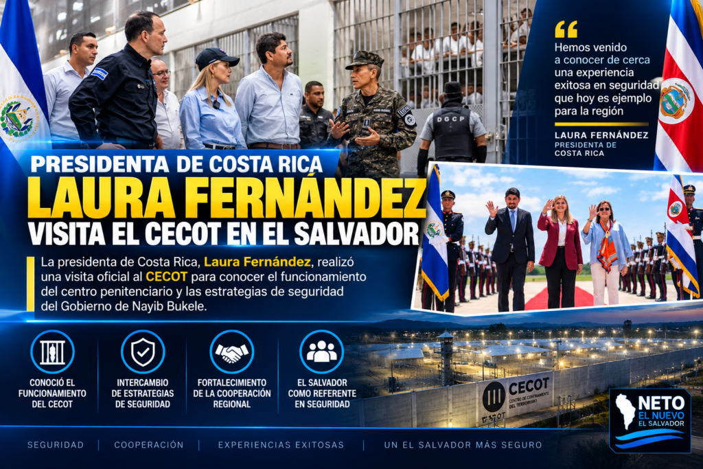Presidenta de Costa Rica, Laura Fernández, durante su visita al CECOT en El Salvador.