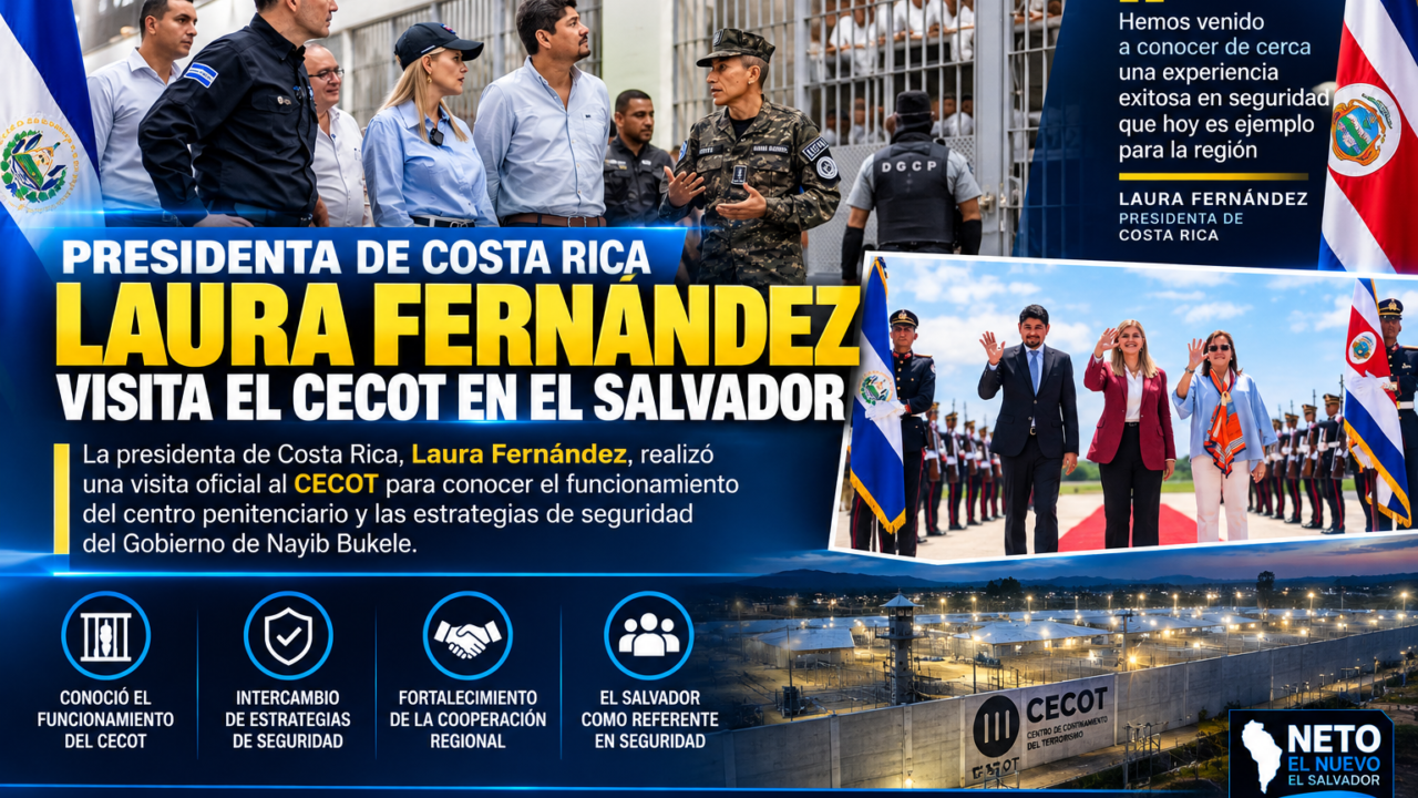 Presidenta de Costa Rica, Laura Fernández, durante su visita al CECOT en El Salvador.