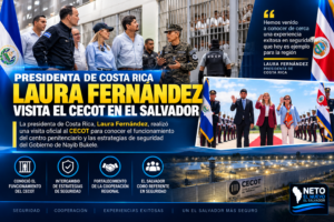 Presidenta de Costa Rica, Laura Fernández, durante su visita al CECOT en El Salvador.
