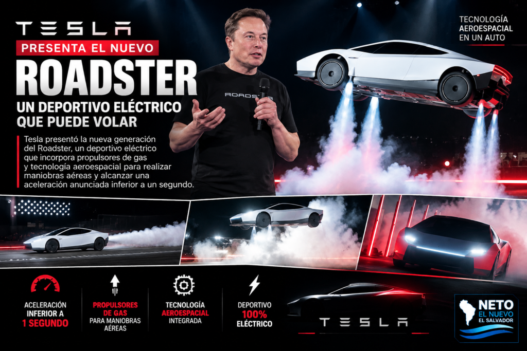 Tesla Roadster eléctrico con tecnología de propulsión vinculada a SpaceX.
